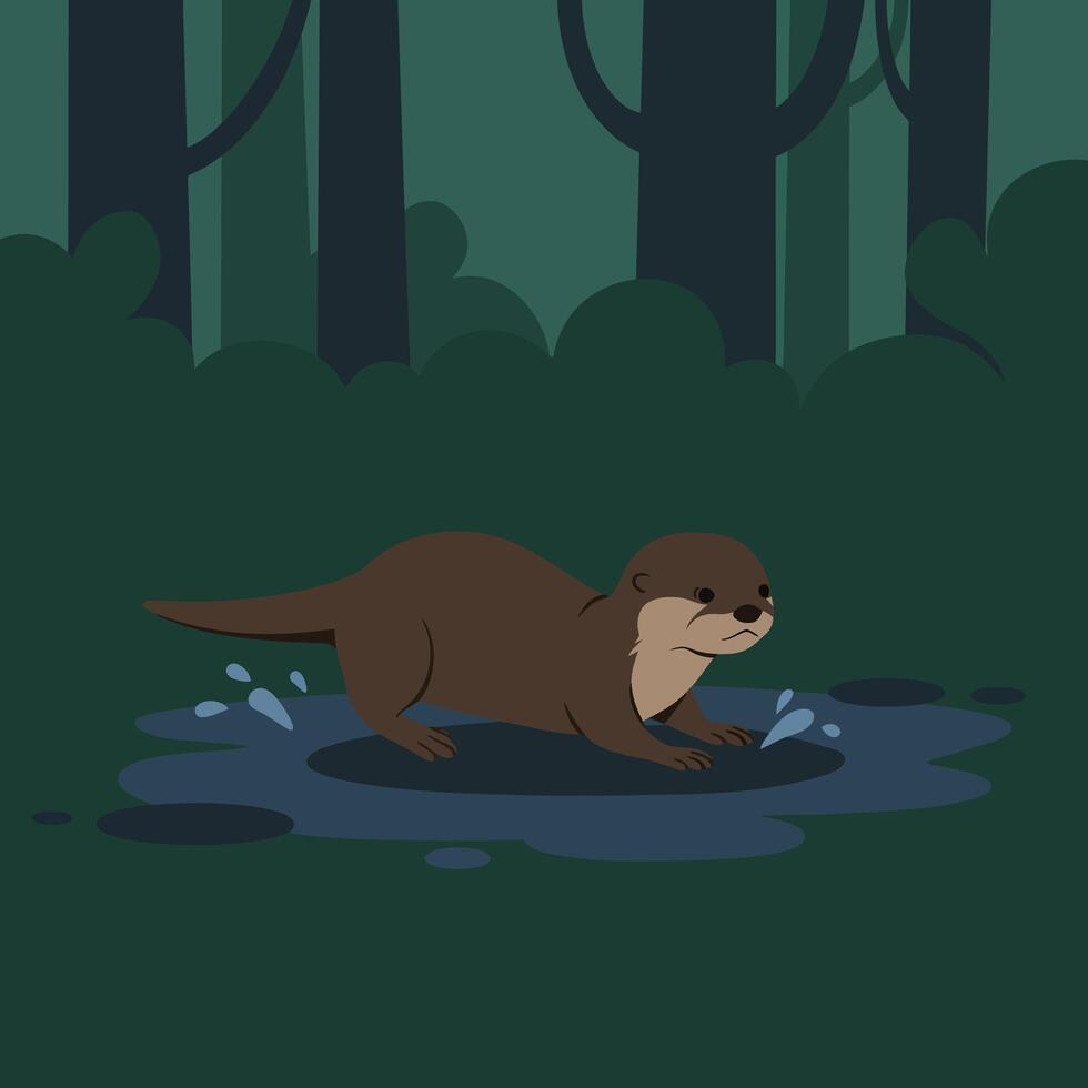 Otter Playing in Muddy Puddle in Dark Forest Environment Cartoon Illustration vector