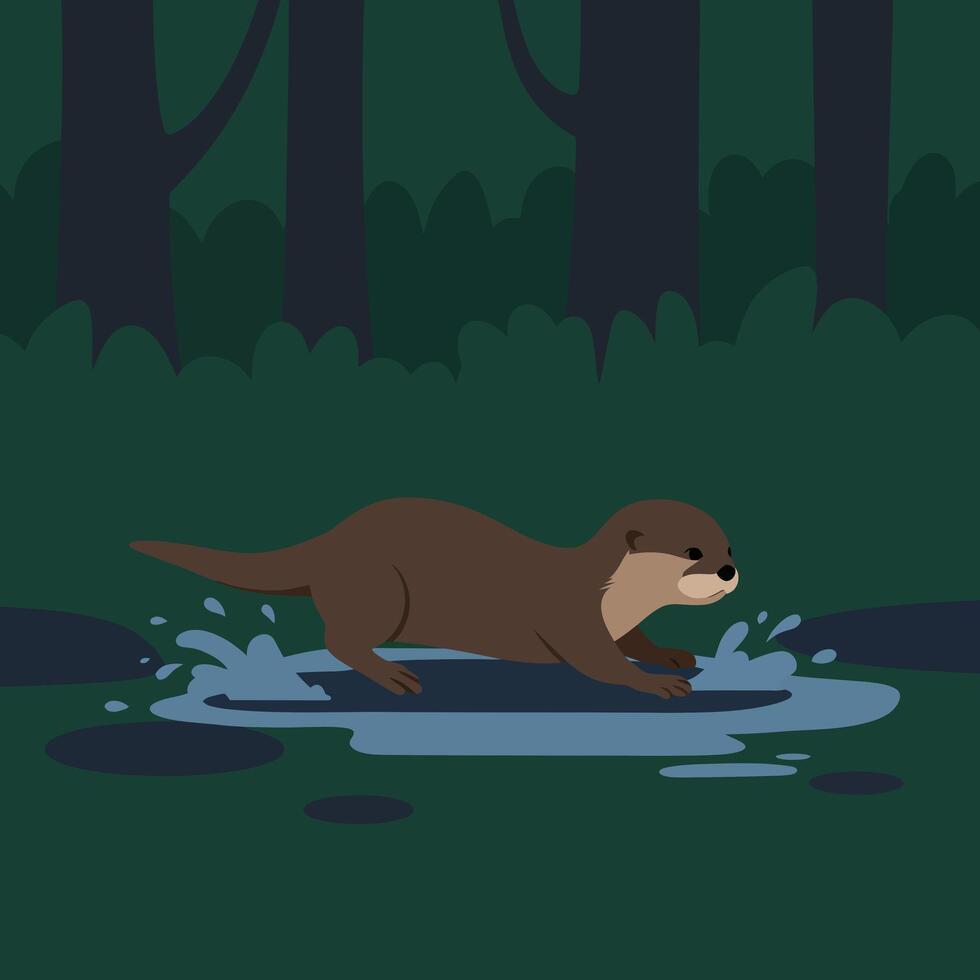 Otter Running Through Water in Dark Green Forest Landscape with Trees and Bushes at Night vector