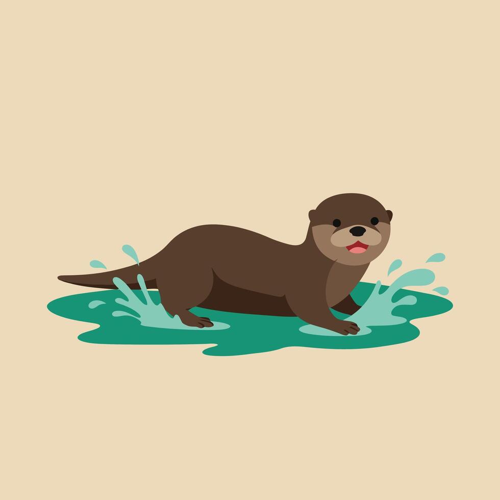 Brown otter splashing in water with playful gesture on beige background in simple flat style illustration vector