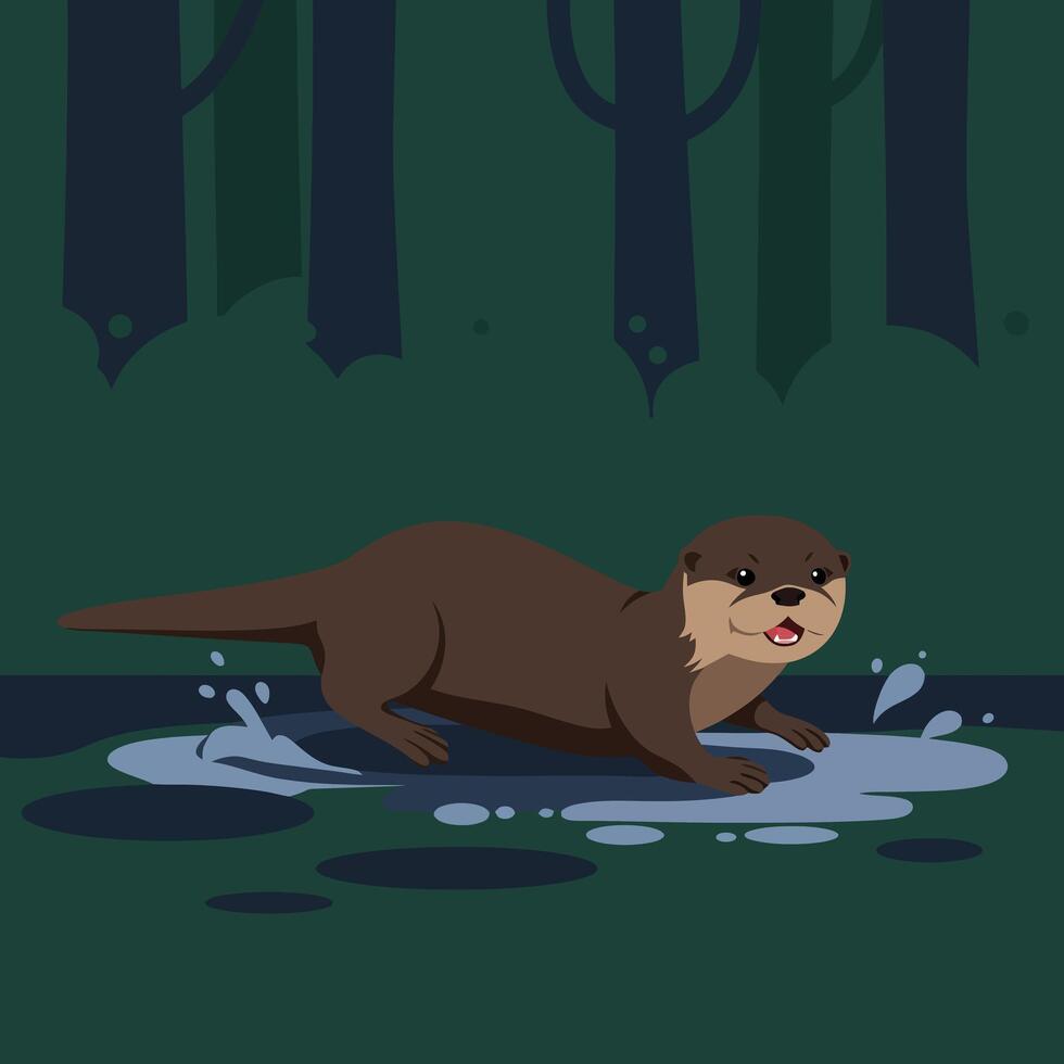 Otter walking through shallow water in dark forest environment natural wildlife scene with green and brown colors vector