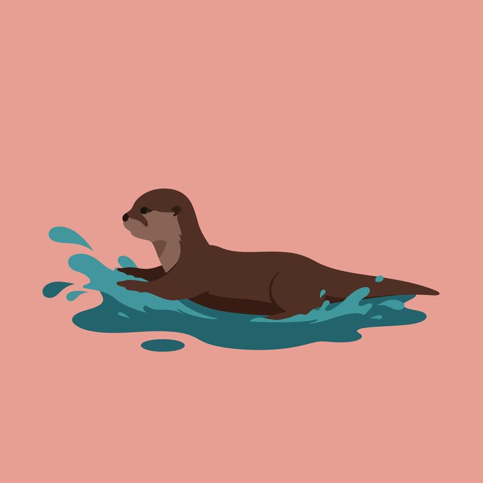 Otter swimming in water with splashes on pink background illustration image vector