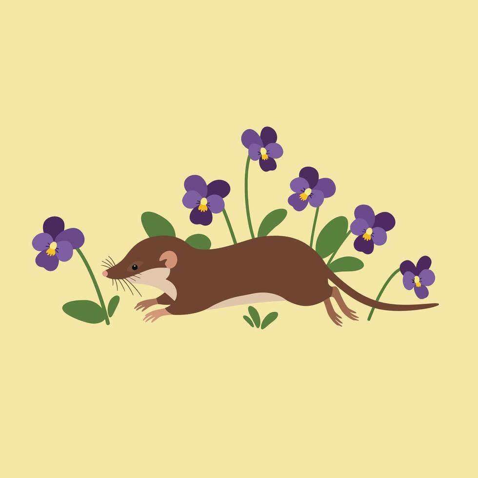 Brown weasel surrounded by purple violet flowers on pale yellow background simple nature illustration vector