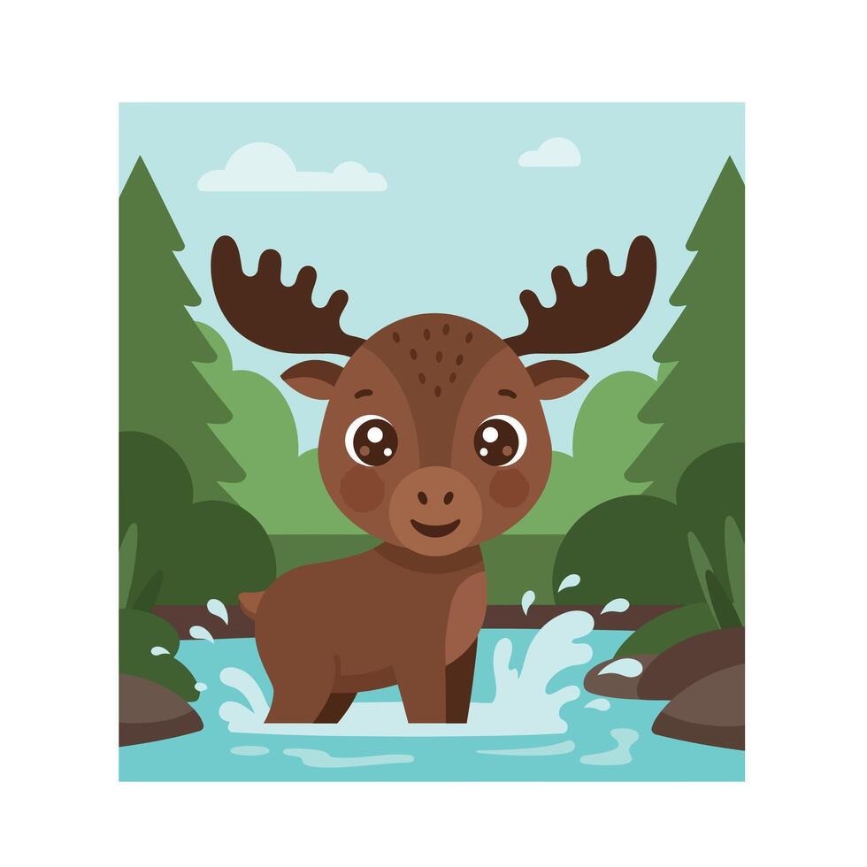 Cute young moose standing in blue river water surrounded by green trees and clear sky natural forest scenery vector