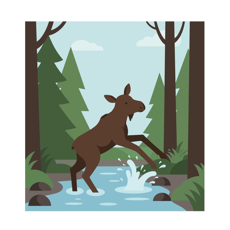 Moose jumping through river water in forest surrounded by green pine trees during daytime natural wildlife scene vector
