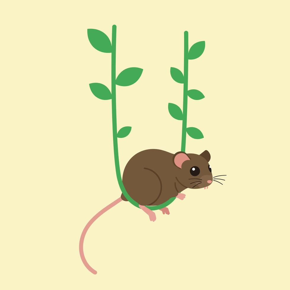 Brown mouse hanging on green vines against light yellow background in simple nature illustration vector