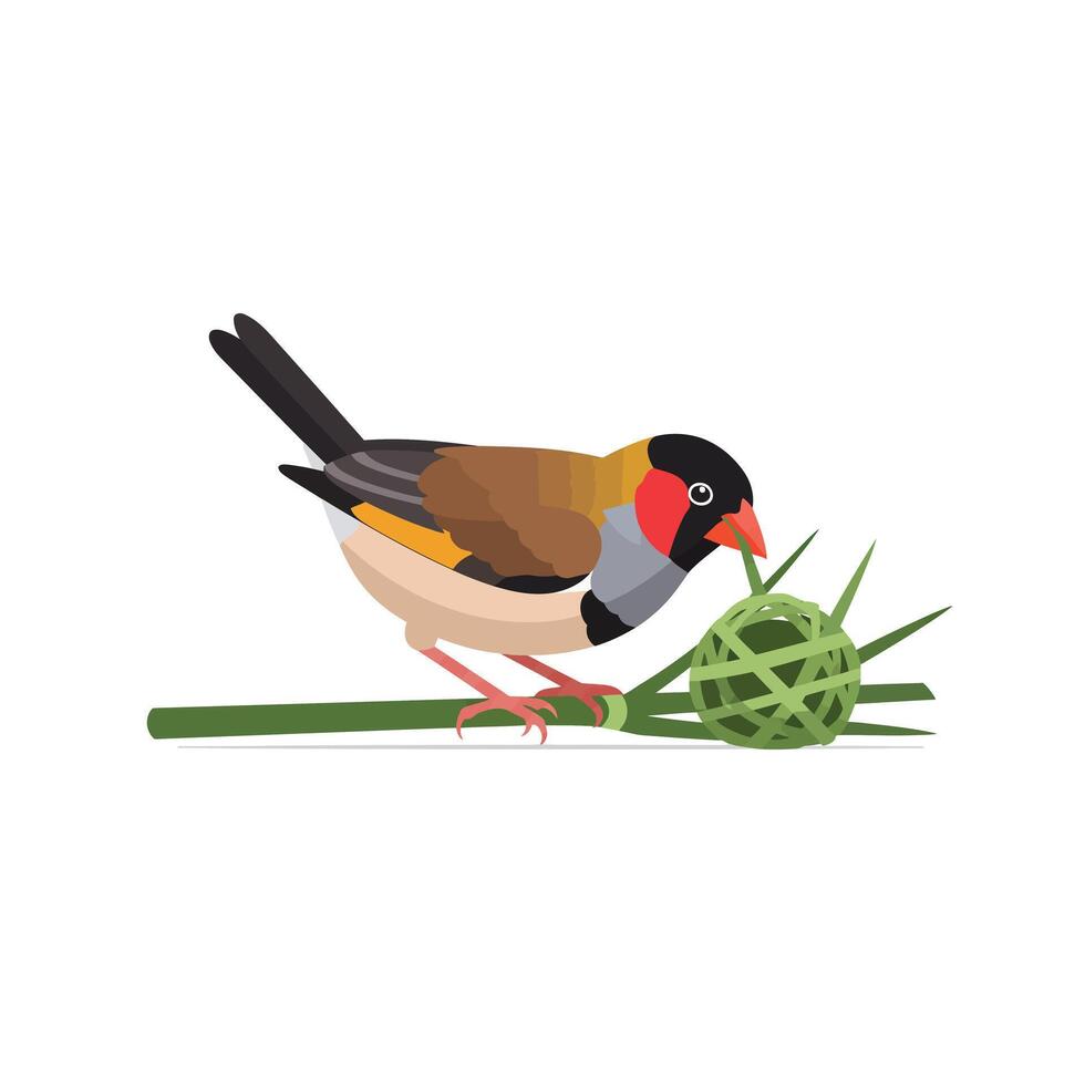 Small colorful bird constructing nest with green woven material on branch in natural habitat vector