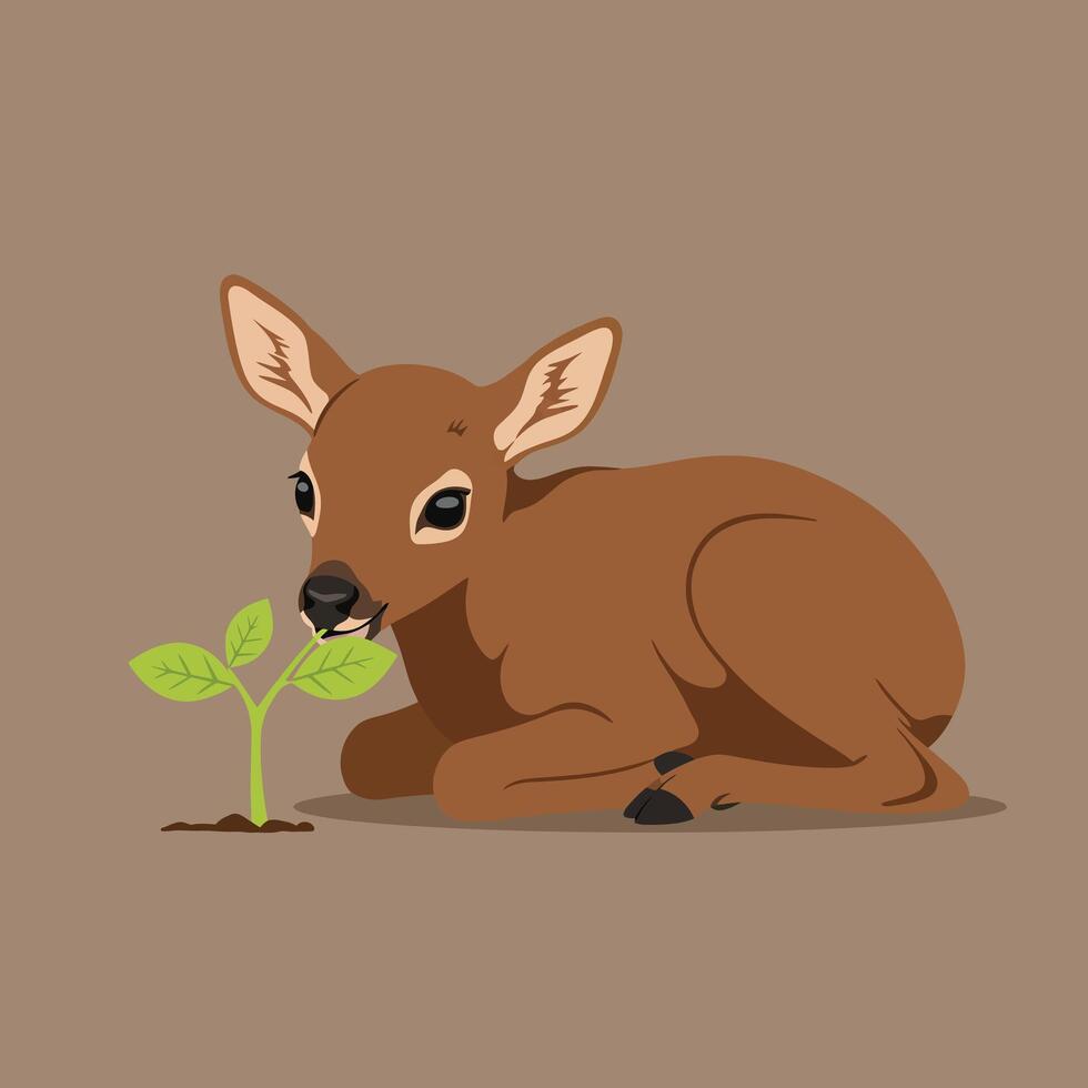 Young deer lying next to green seedling on plain brown background natural wildlife illustration vector