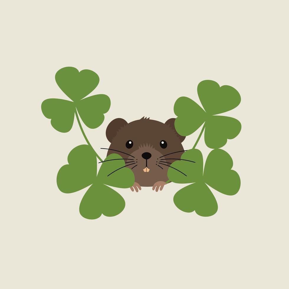 Small brown mouse peeking through green clover leaves nature illustration with beige background vector