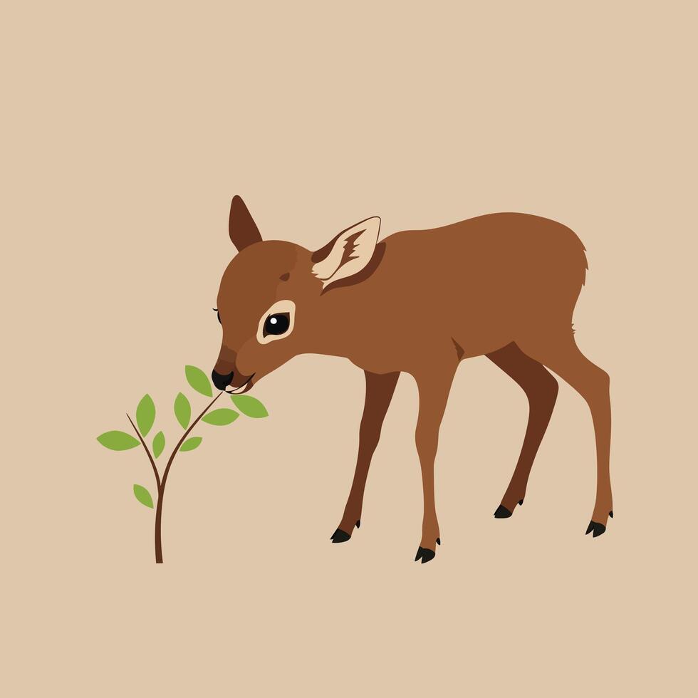 Young brown deer nibbling green leafy twig on beige background in simple flat style digital illustration vector