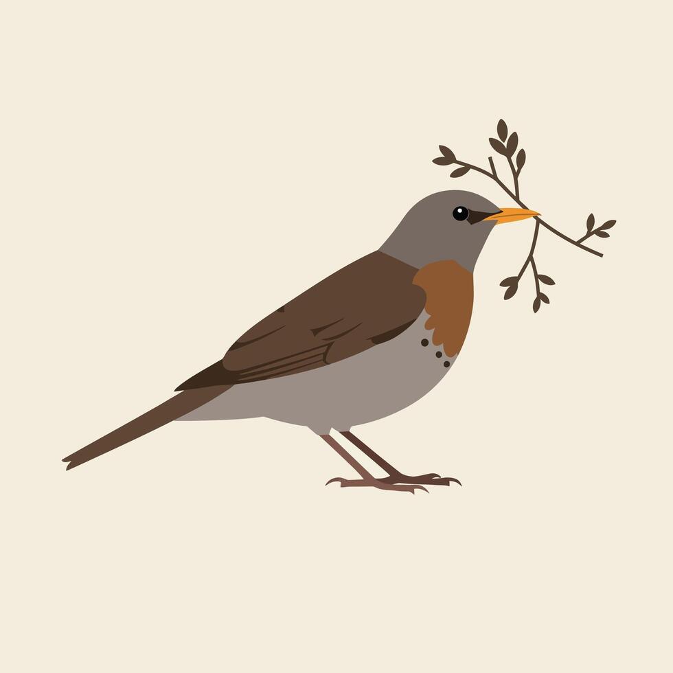 Bird holding twig in its beak simple nature illustration with earthy tones and minimalist style vector