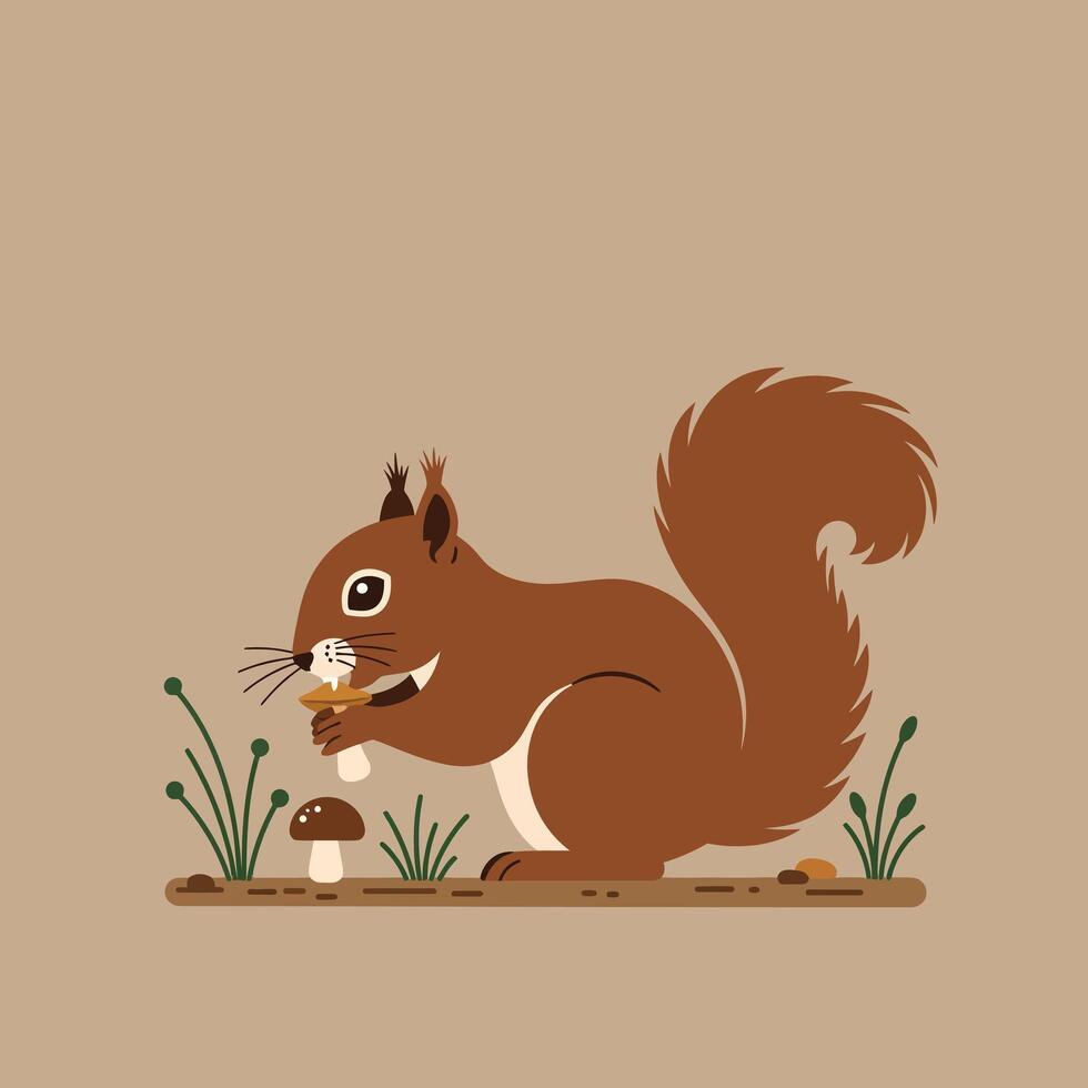 Brown squirrel eating nut in natural setting with green plants and mushroom illustration on beige background vector