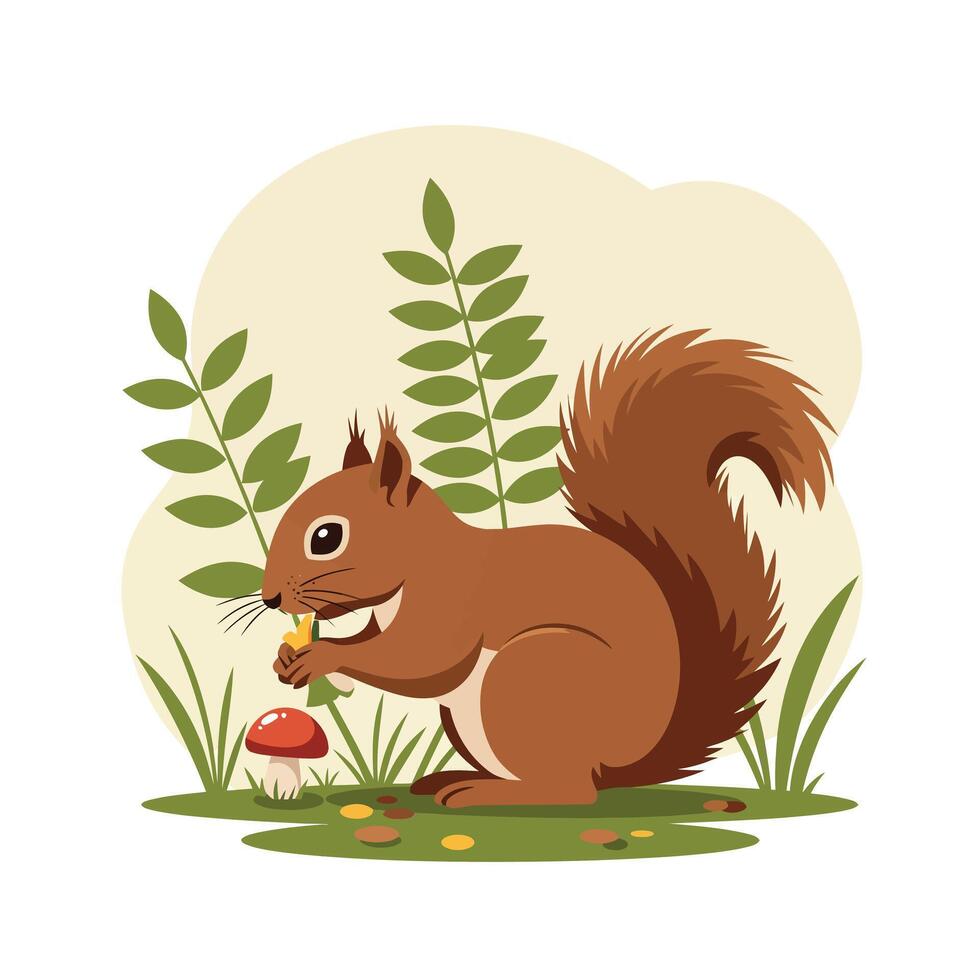 Squirrel eating nut in natural setting with green plants and red mushroom illustration vector