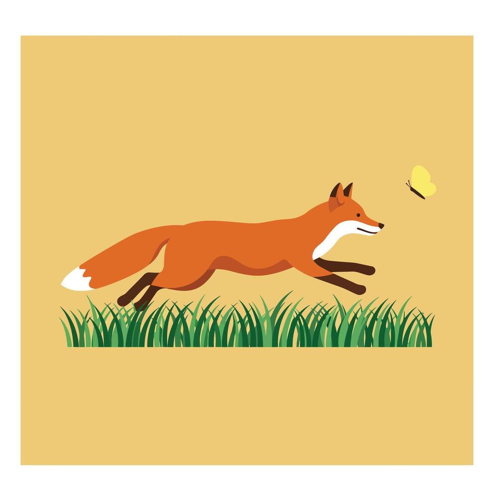Fox chasing yellow butterfly over green grass on light brown background simple illustration vector