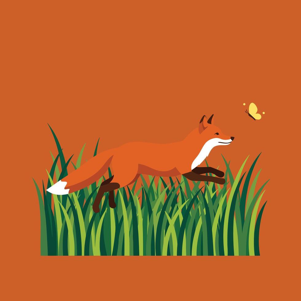 Red fox jumping through green grass with yellow butterfly on orange background digital illustration vector