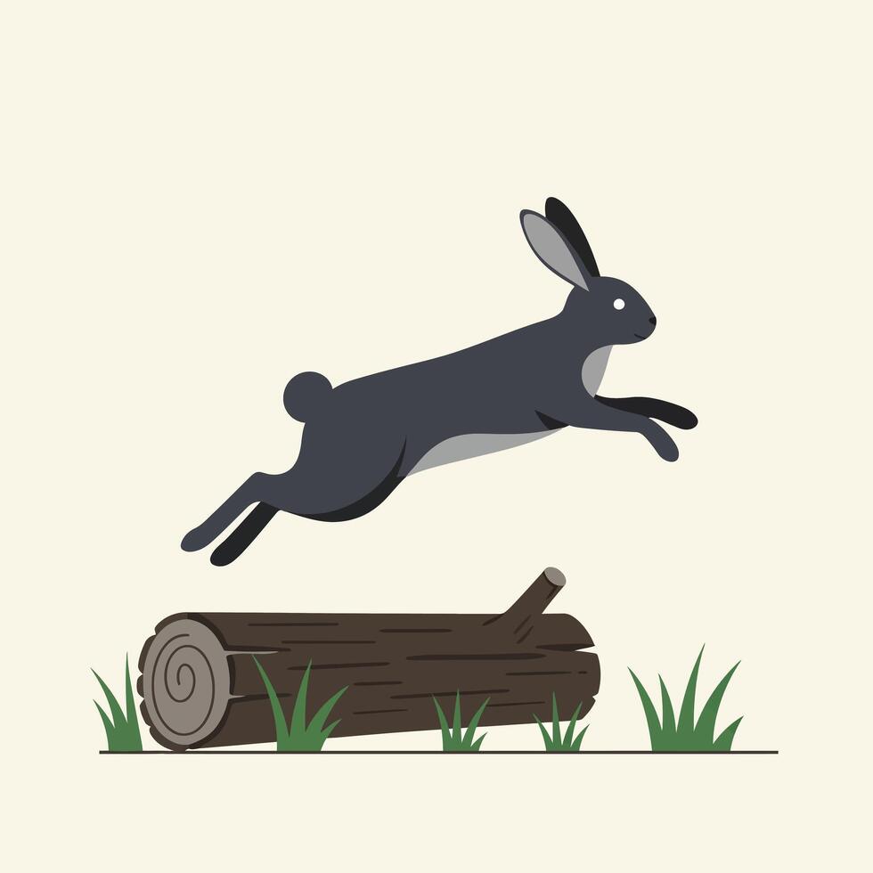 Black rabbit leaping over wooden log with green grass on light background in minimal style vector