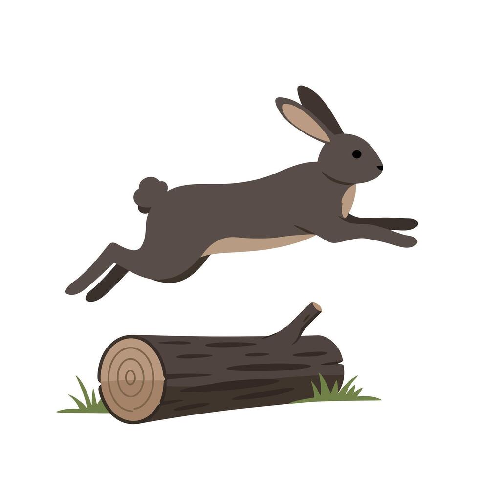 Brown rabbit jumping over wooden log in natural outdoor setting with grass on white background vector