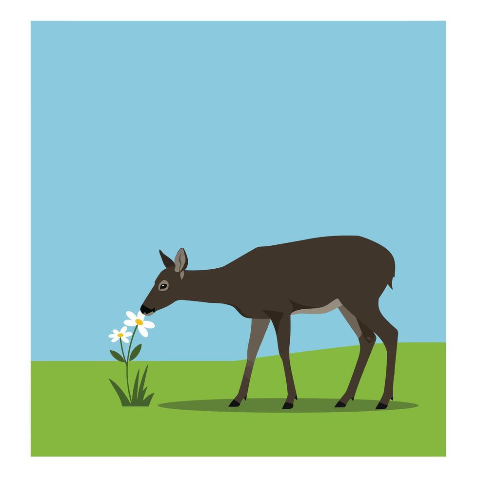 Deer smelling white flowers on green grass under clear blue sky in simple style illustration vector