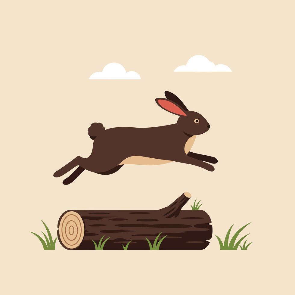 Brown rabbit jumping over wooden log in simple nature scene with clouds and grass illustration vector