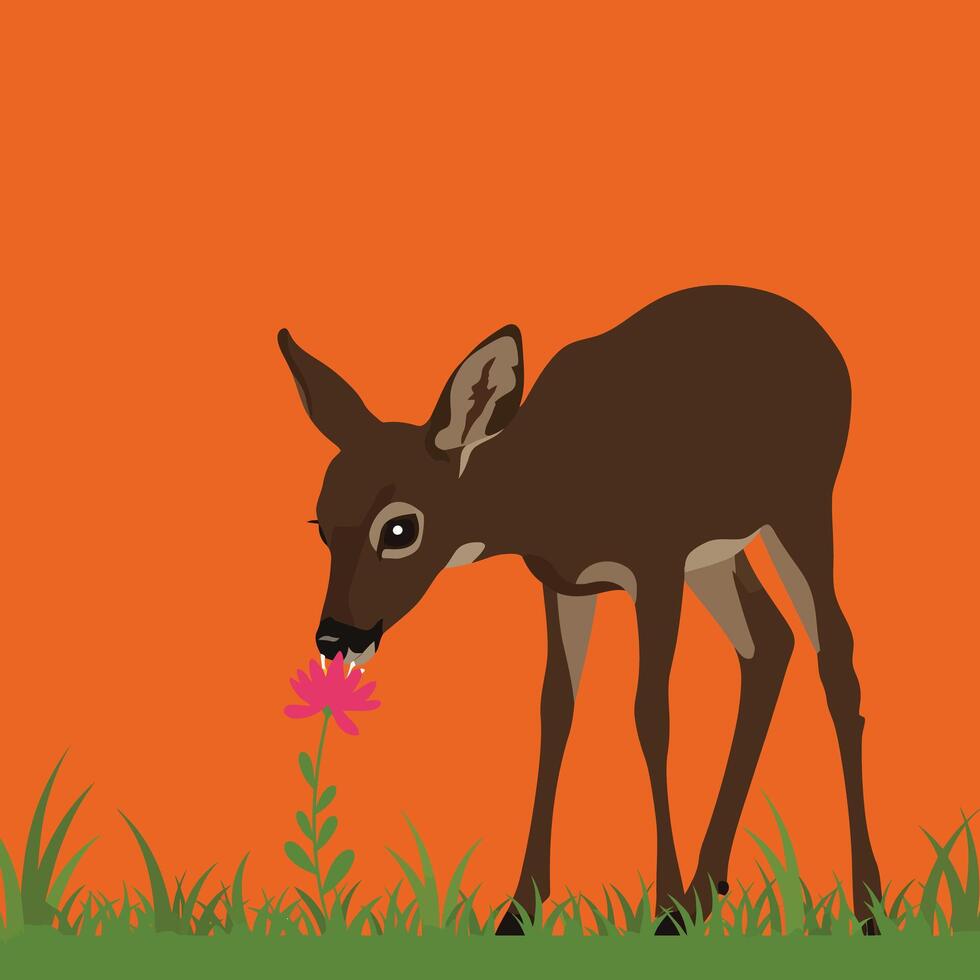 Deer grazing on grass with pink flower against bright orange background in square format illustration vector