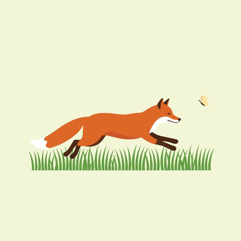 Fox chasing butterfly in green grass natural wildlife scene with pale background illustration vector