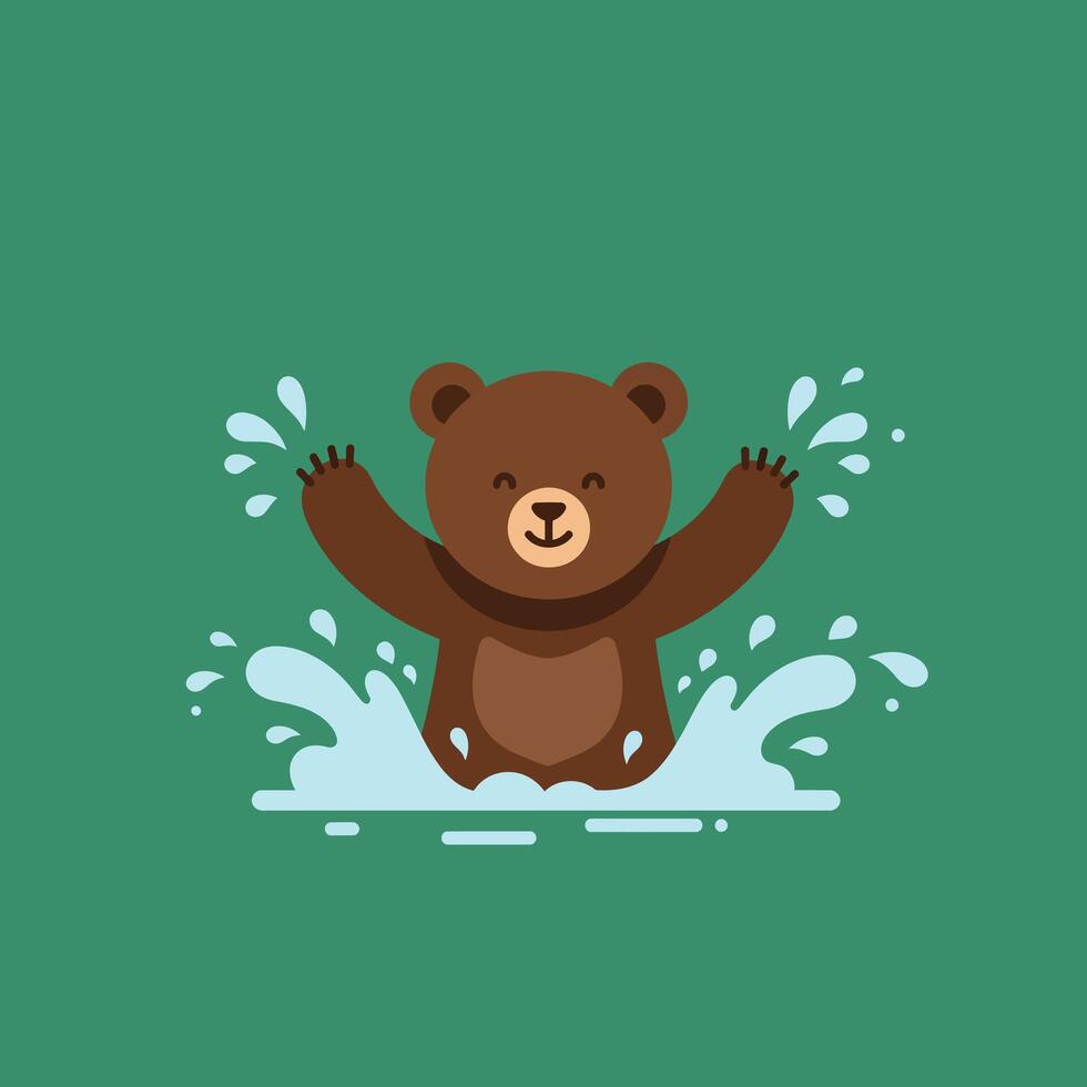 Brown bear splashing water happily in playful mood on green background illustration vector