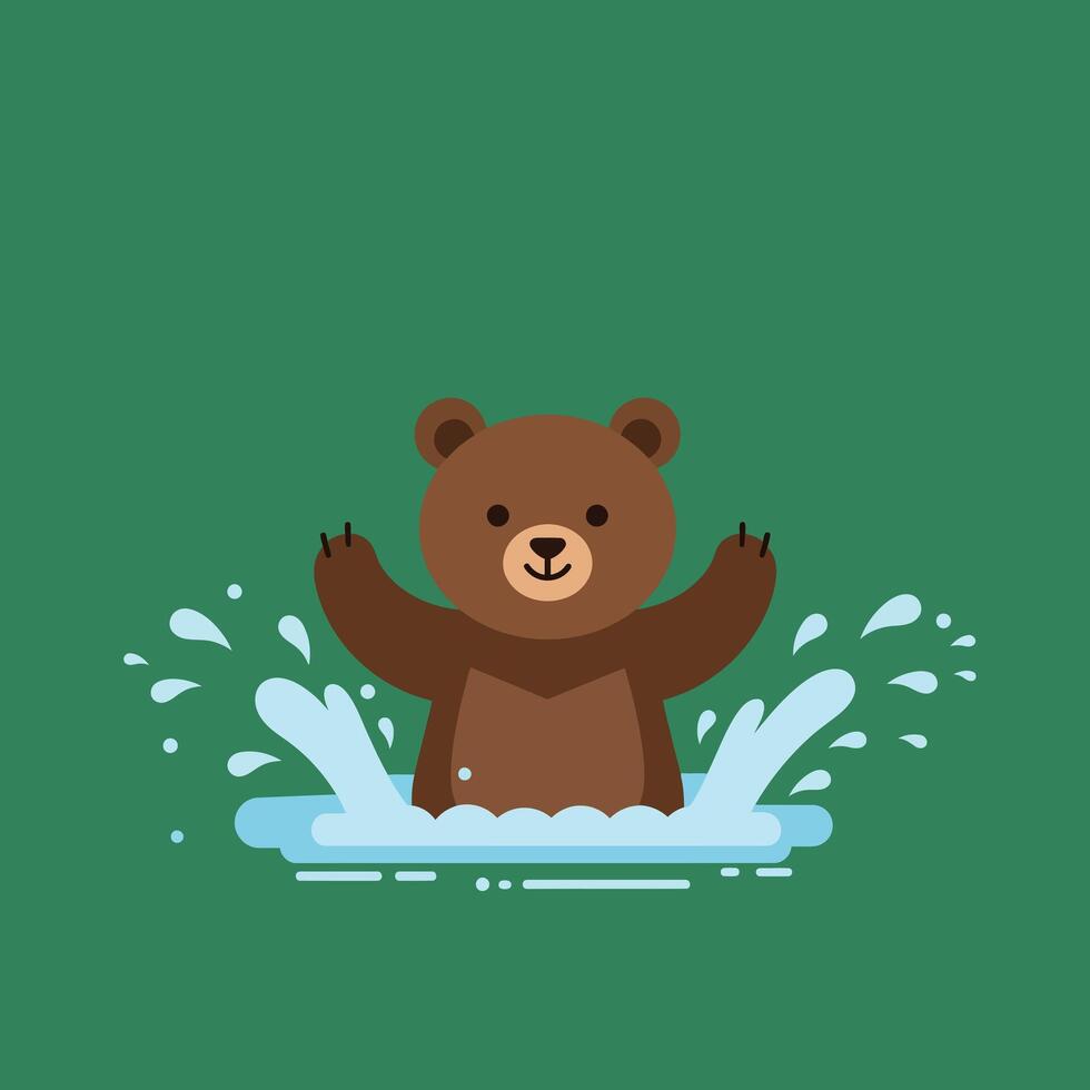 Brown bear splashing water playfully in forest pond with green background illustration vector