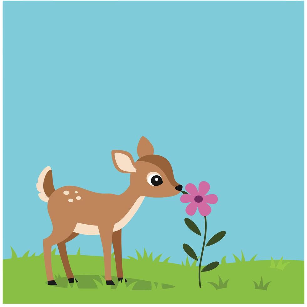 Young deer sniffing pink flower on green grass under clear blue sky simple nature illustration square format vector