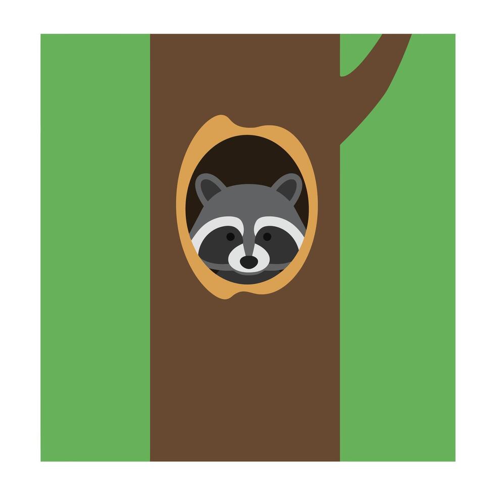 Raccoon peeking from hollow tree trunk with green forest background in square format vector