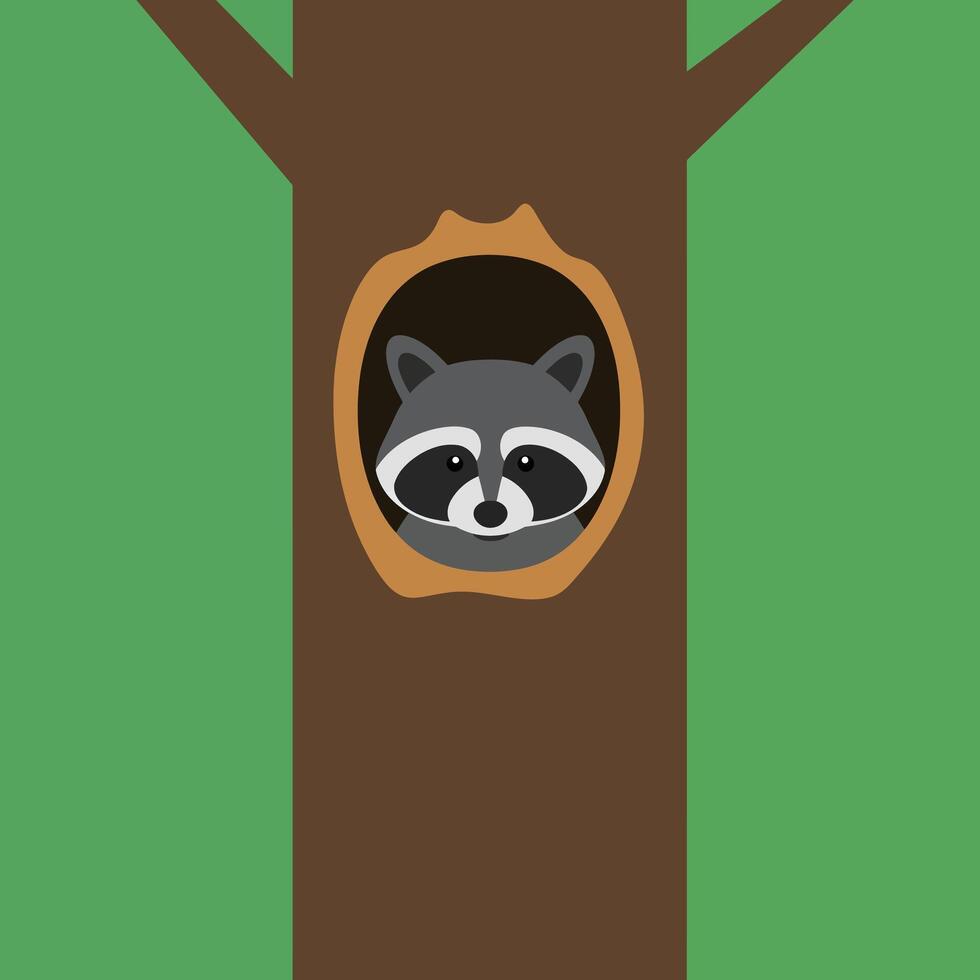 Raccoon peeking from hollow brown tree trunk in green forest environment illustration vector