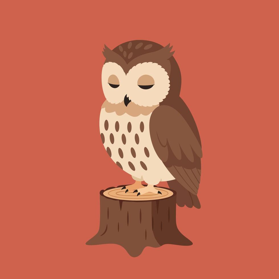 Owl perched on tree stump with closed eyes in simple flat design illustration on terracotta background vector