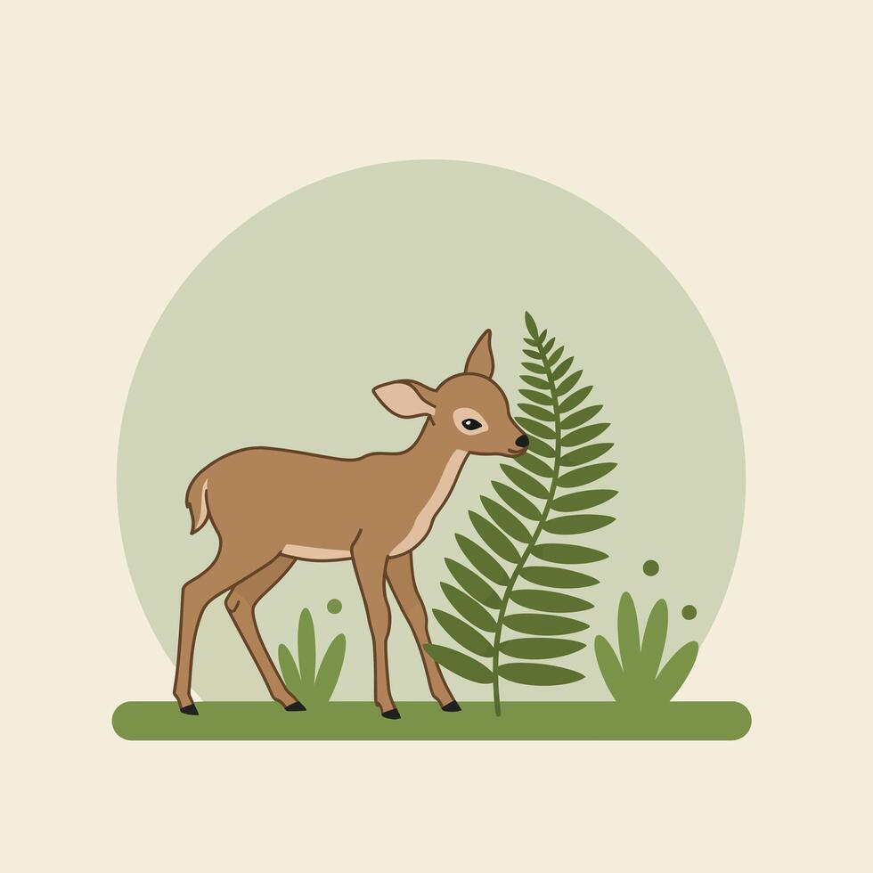 Young deer standing near green fern with circular background in natural earthy tones illustration vector