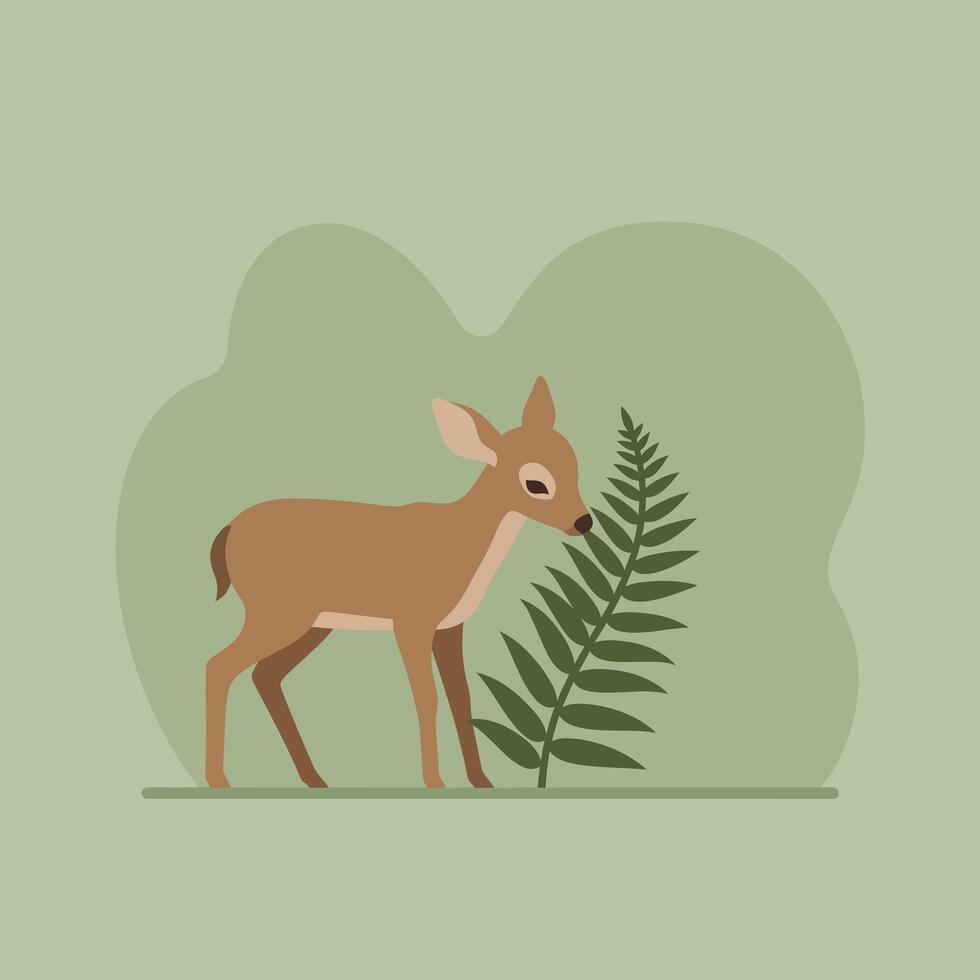 Young deer standing beside green fern plant in natural environment simple illustration vector