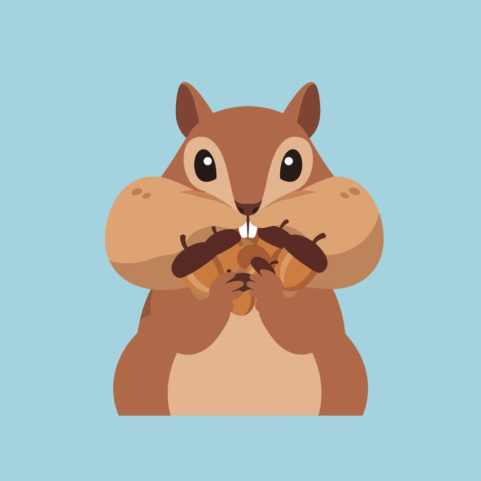 Cartoon squirrel with cheeks full of acorns holding nuts on light blue background simple animal illustration vector