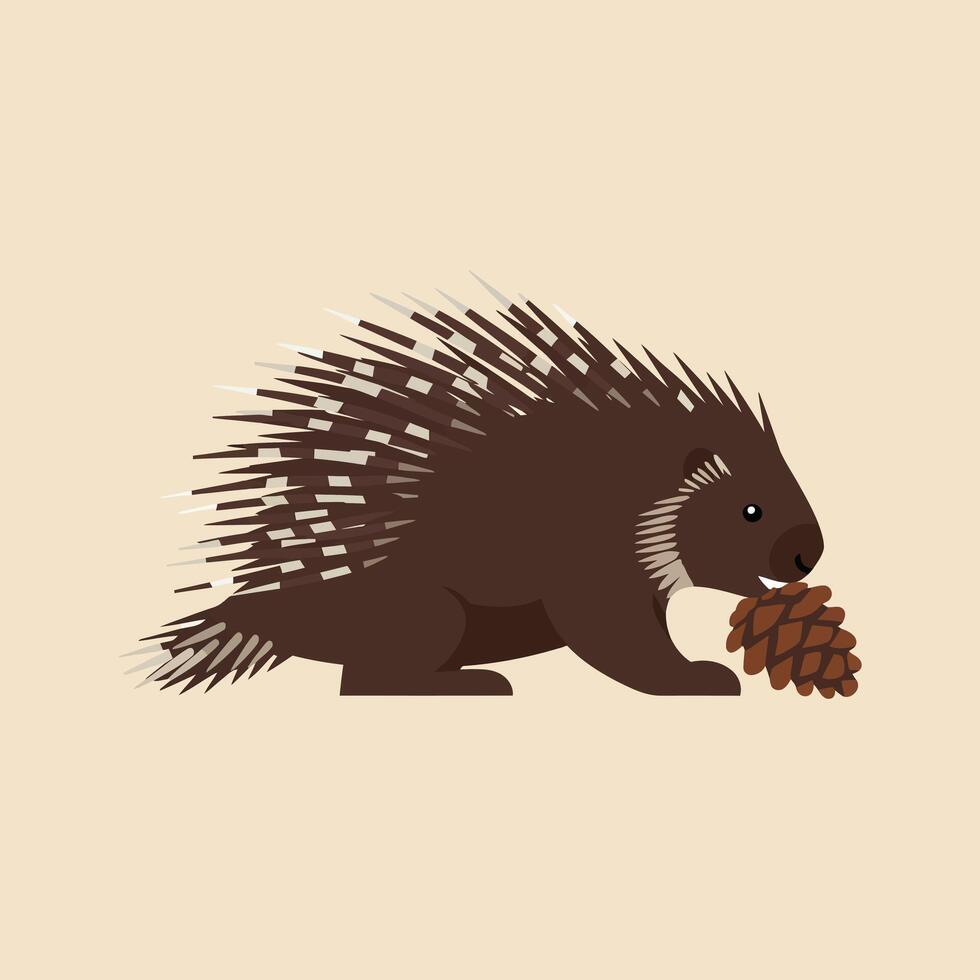 Porcupine holding pine cone simple illustration on beige background with brown tones vector