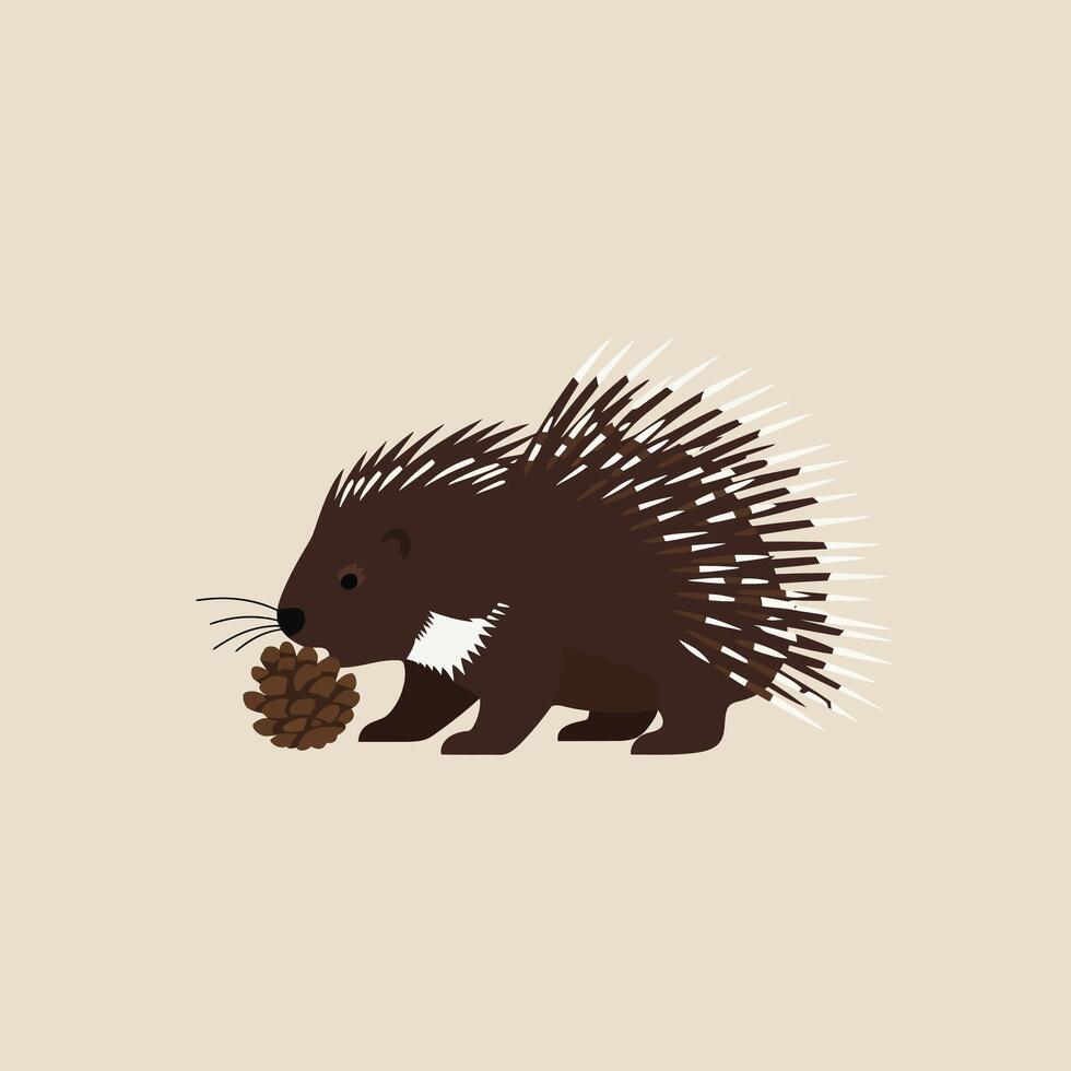 Porcupine holding pine cone minimalistic animal illustration on beige background in square format vector