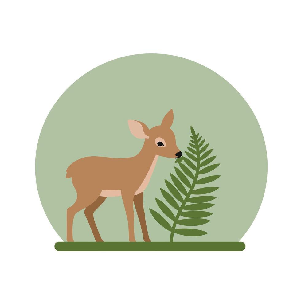 Young brown deer standing near green fern leaf in nature-themed illustration with soft green circle background vector