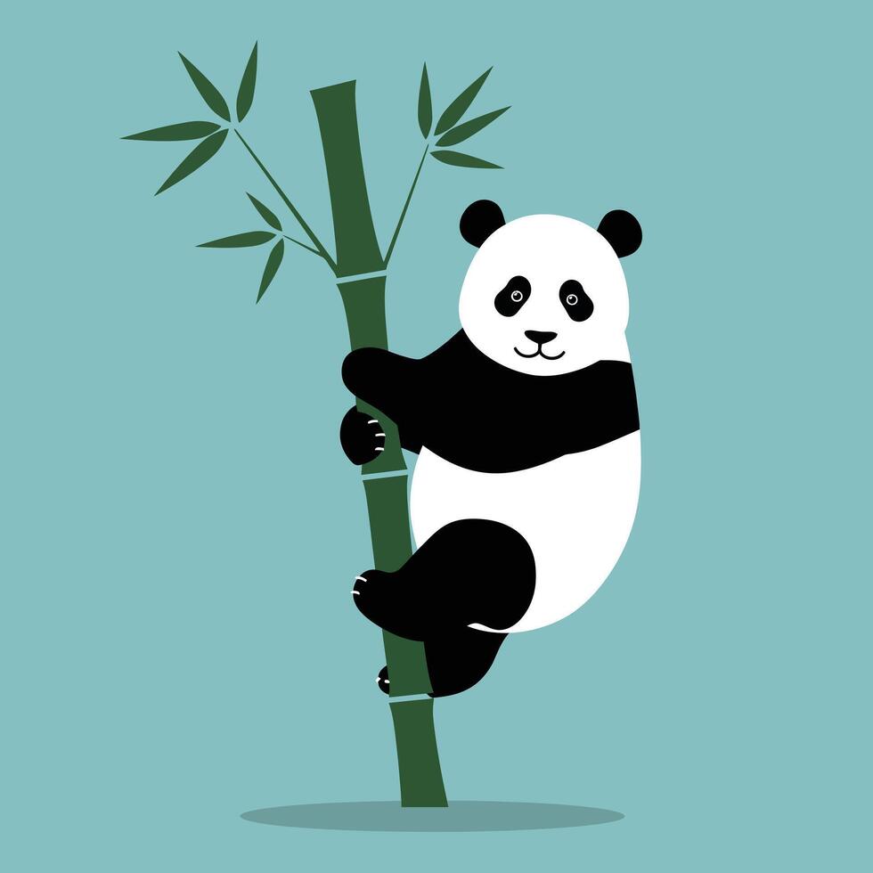 Panda climbing bamboo stalk with green leaves on teal background cute wildlife illustration vector