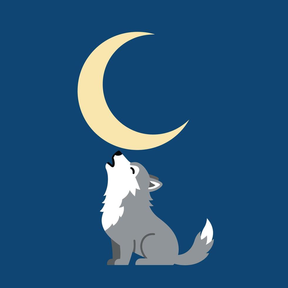 Howling wolf silhouette beneath crescent moon on dark blue background simple nature scene vector