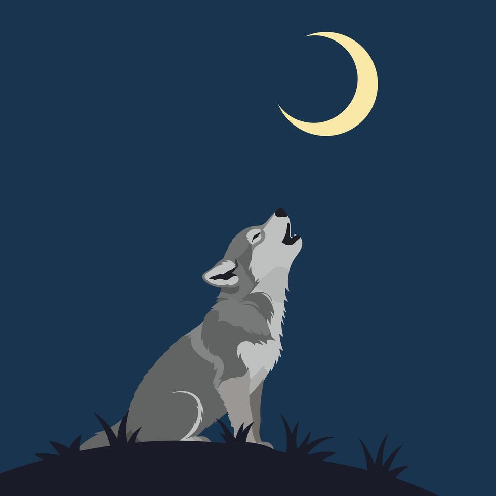 Gray wolf howling under crescent moon in dark blue night sky with grassy hill silhouette natural scene vector