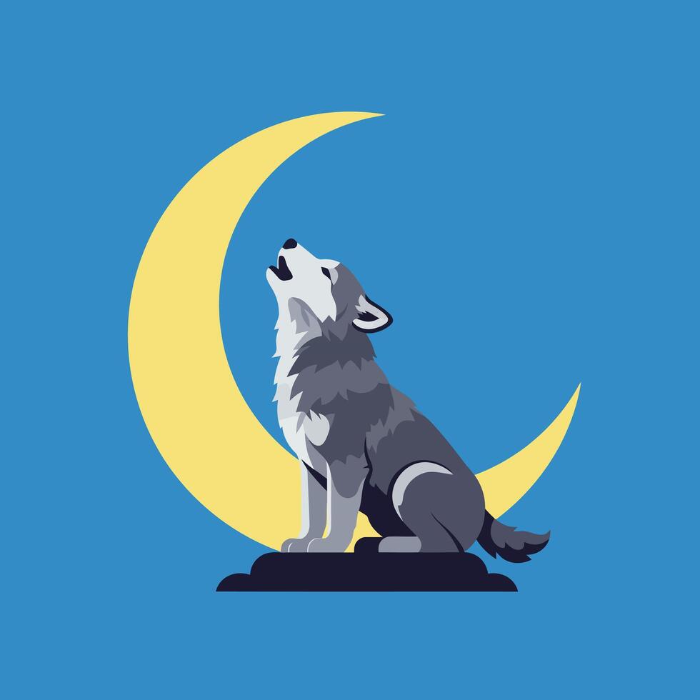 Howling gray wolf sitting on rock under crescent yellow moon on blue background illustration vector