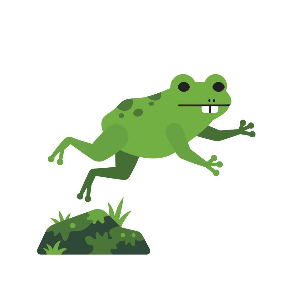 Green frog jumping over mossy rock with grass in simple cartoon style illustration vector