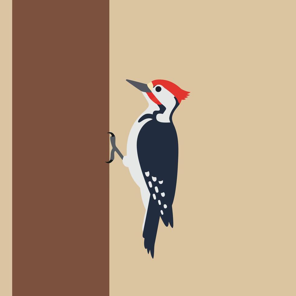 Woodpecker bird perched on tree trunk with red crest in simple flat design illustration vector