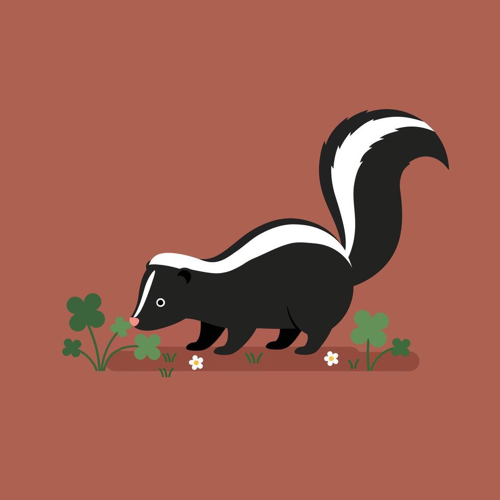 Skunk on brown background with green plants and white flowers in simple nature illustration style vector