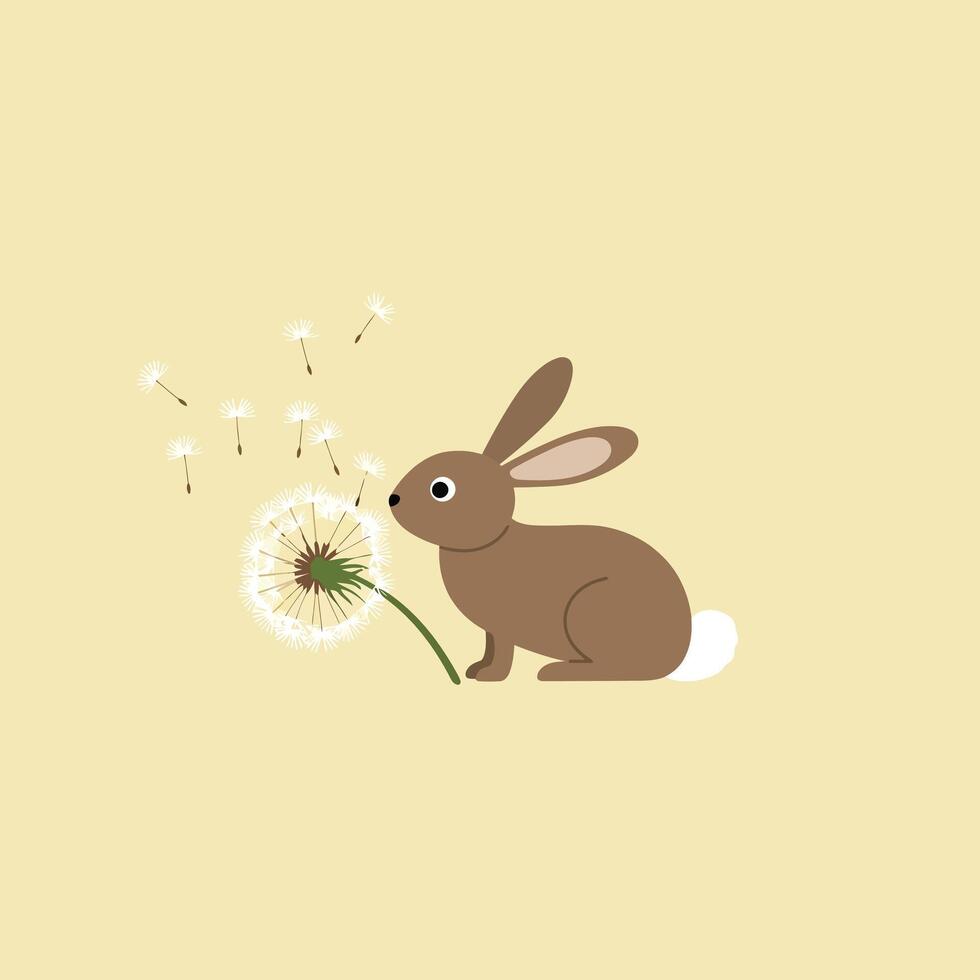 Brown rabbit interacting with dandelion seeds on pale yellow background in simple nature illustration vector