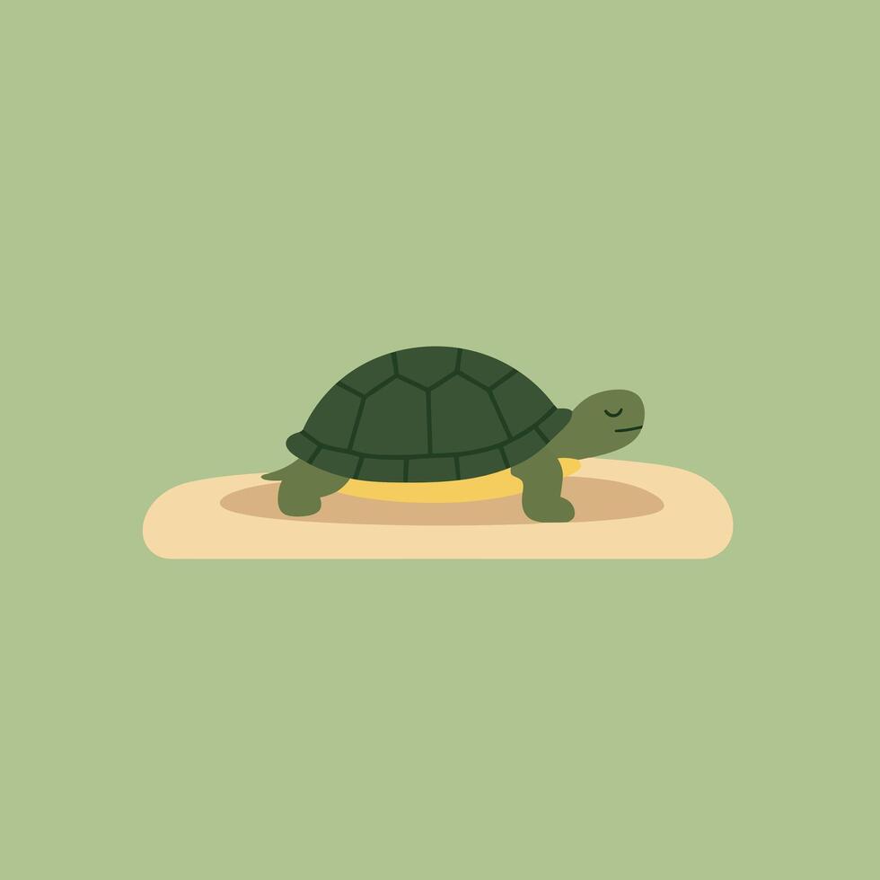 Turtle resting peacefully on sand with green background in simple minimalist style illustration vector