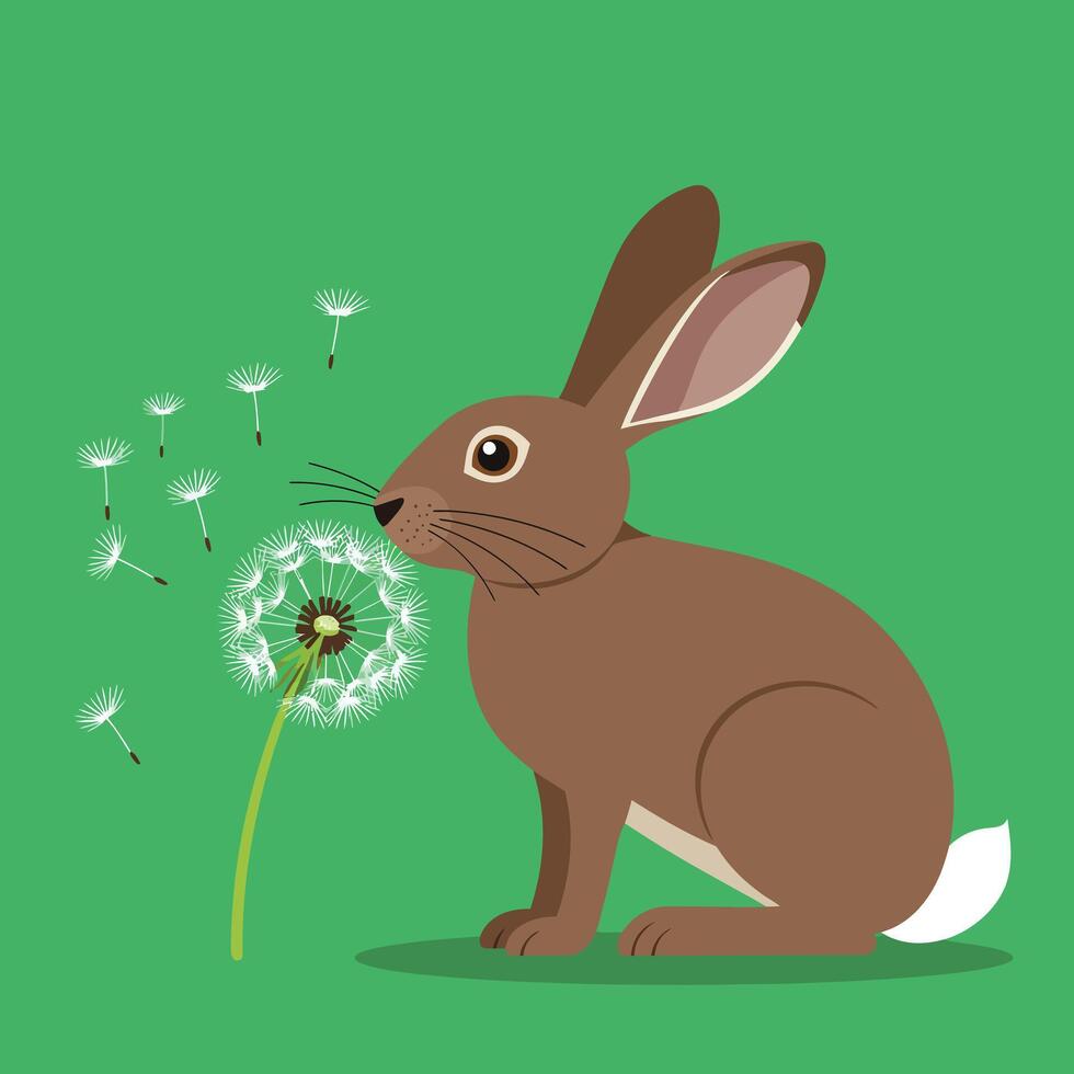 Brown rabbit sitting near dandelion blowing seeds on green background with natural wildlife scene vector