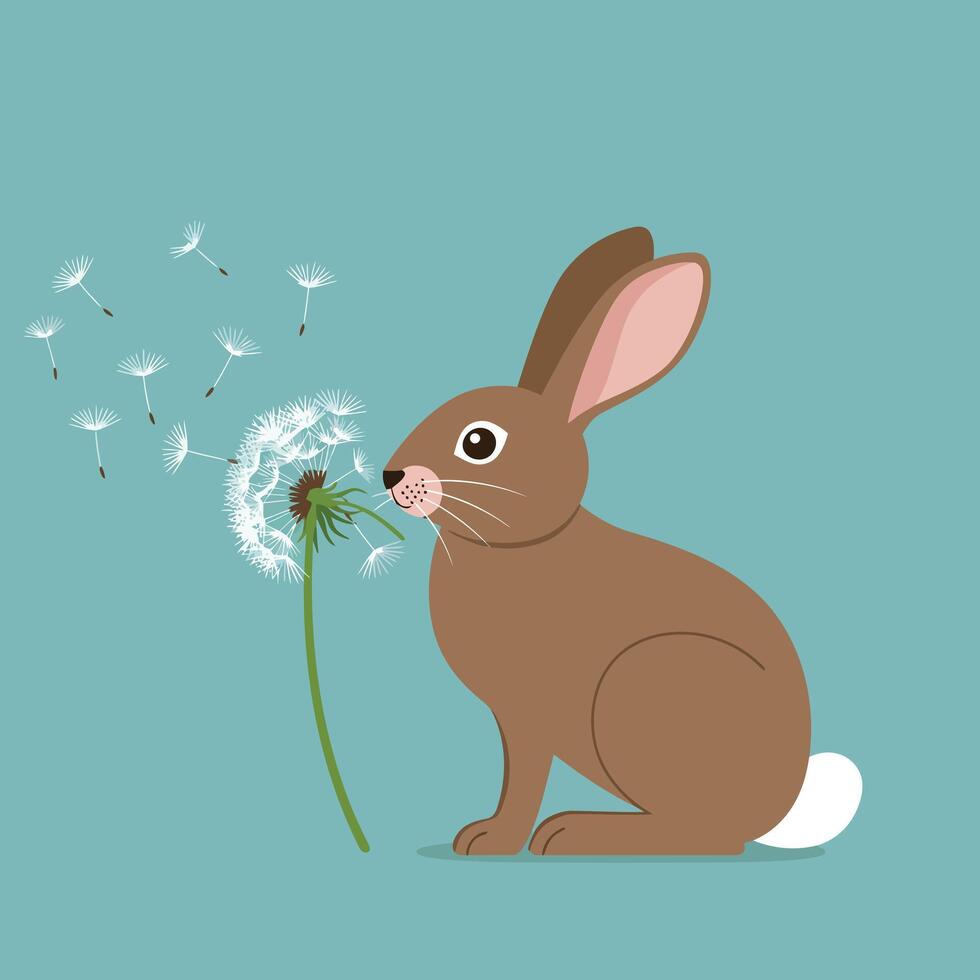 Brown rabbit blowing dandelion seeds with blue background in cute animal illustration vector