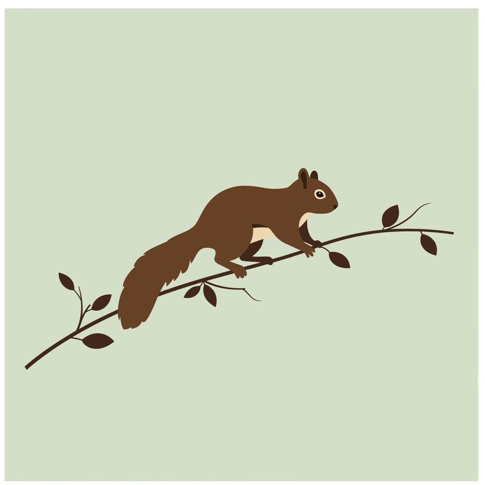 Brown squirrel perched on slender branch with leaves against pale green background natural wildlife scene vector
