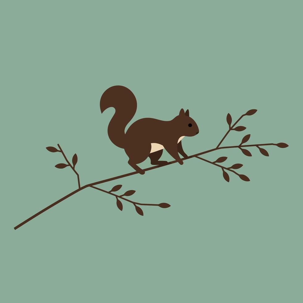 Squirrel perched on branch with green background minimalistic nature illustration in muted tones vector