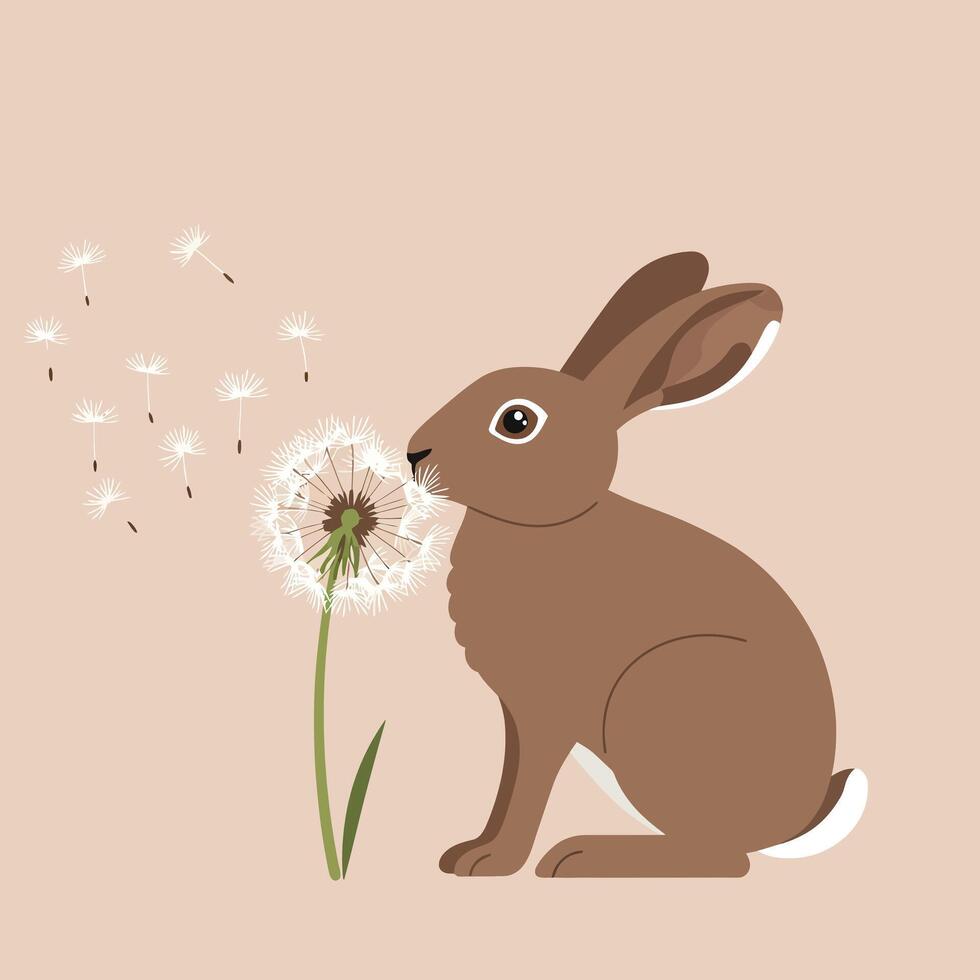 Brown rabbit blowing dandelion seeds in soft beige background spring illustration vector